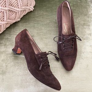 Salvatore Ferragamo Brown Suede Lace Oxford Heel